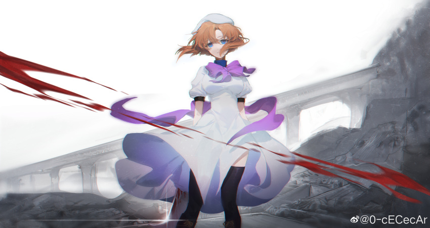 0-cececar 1girl absurdres bangs black_legwear blood blood_on_weapon blue_eyes bow bowtie chromatic_aberration cleaver dress empty_eyes expressionless feet_out_of_frame glint hat highres higurashi_no_naku_koro_ni in-universe_location junkyard looking_at_viewer orange_hair outdoors parted_bangs puffy_short_sleeves puffy_sleeves purple_bow purple_bowtie ryuuguu_rena short_hair short_sleeves solo standing thigh-highs weapon weapon_behind_back weibo_logo weibo_username white_dress white_headwear