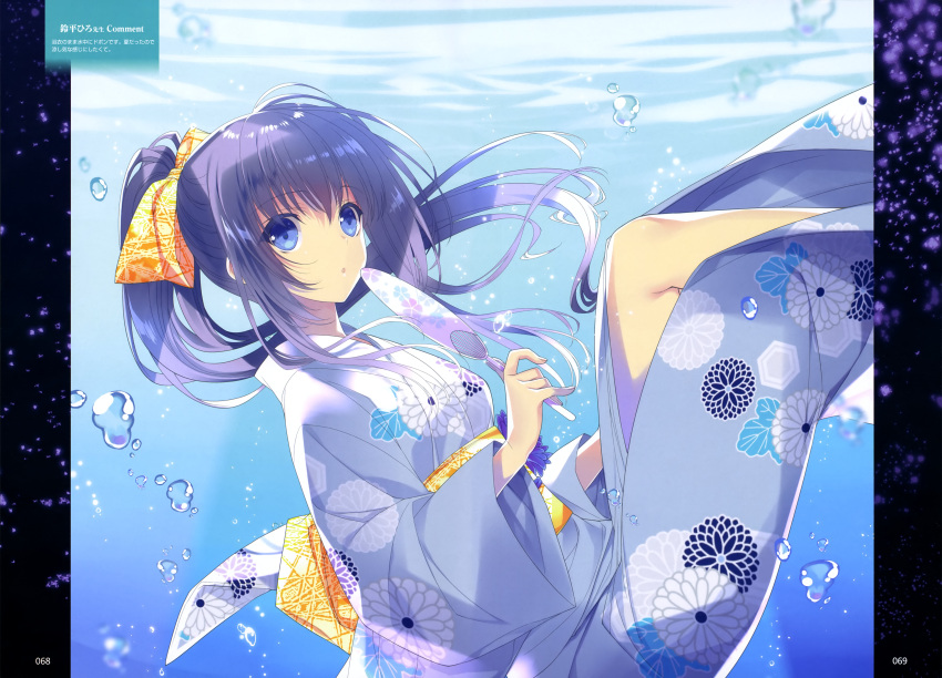 1girl :o absurdres bangs blue_eyes blue_hair bow feet_out_of_frame floral_print hair_bow hand_fan high_ponytail highres holding holding_fan japanese_clothes kimono long_hair looking_at_viewer obi original paper_fan ponytail sash solo suzuhira_hiro translation_request underwater water water_drop yellow_bow yukata