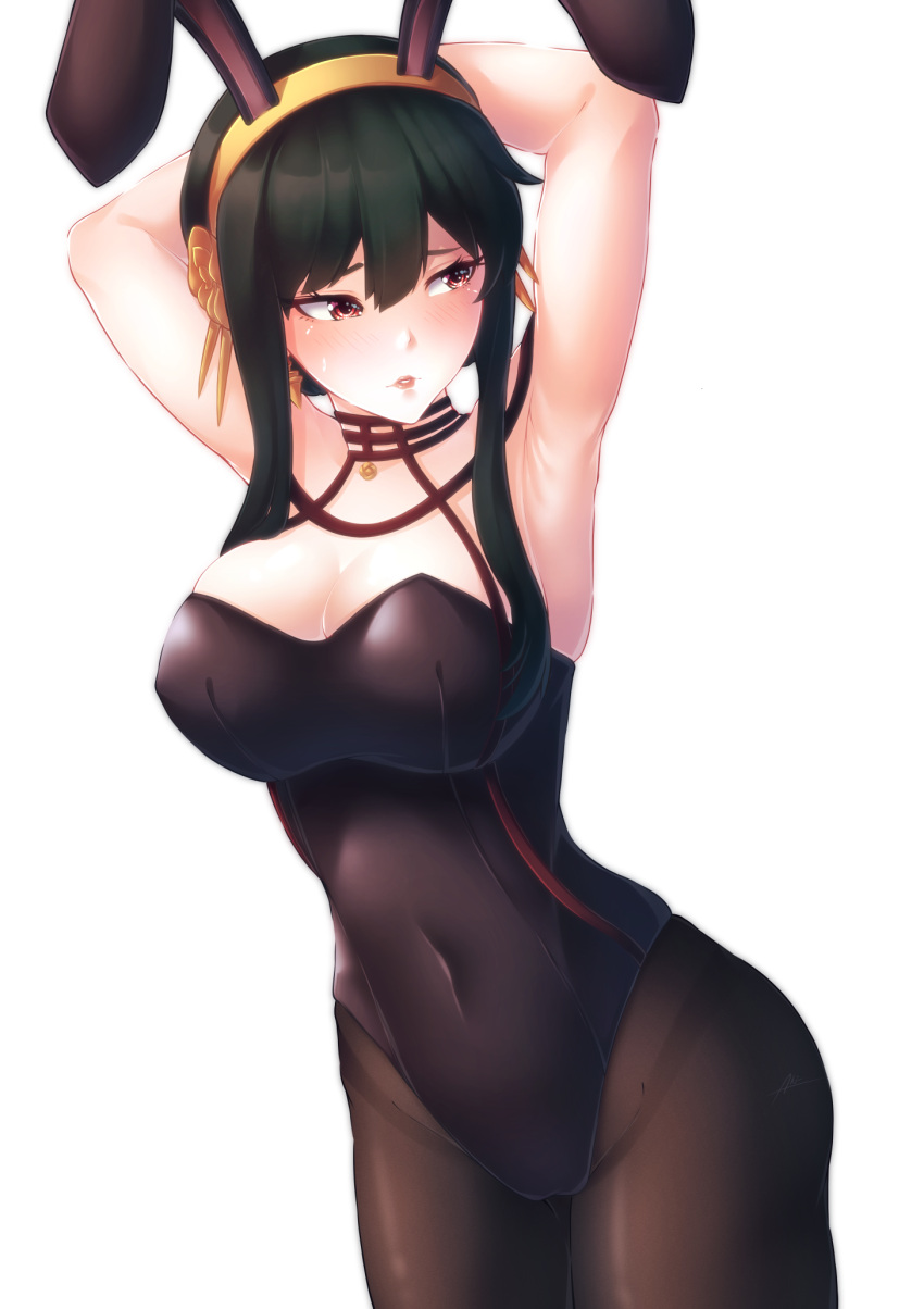1girl aki- alternate_costume animal_ears armpits arms_up black_hair black_legwear black_leotard blush breasts covered_navel fake_animal_ears gold_hairband highres large_breasts leotard lips looking_to_the_side pantyhose parted_lips playboy_bunny rabbit_ears red_eyes rose_hair_ornament simple_background solo spy_x_family white_background yor_briar