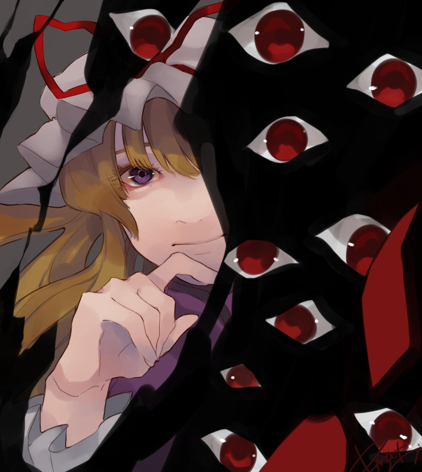 1girl bangs blonde_hair commentary dress expressionless eyeshadow gap_(touhou) hat hat_ribbon highres looking_at_viewer makeup mob_cap one-hour_drawing_challenge peeking peeking_out prat_rat purple_dress red_eyes red_ribbon ribbon shirt sidelocks solo touhou violet_eyes white_headwear white_shirt yakumo_yukari