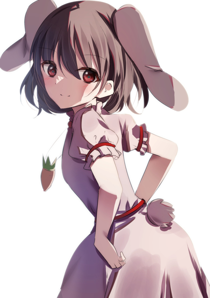 1girl ahoge animal_ears back bangs belt blush breasts brown_hair carrot_necklace closed_mouth dress eyebrows_visible_through_hair eyelashes eyes_visible_through_hair from_behind hair_between_eyes hand_on_hip highres inaba_tewi jewelry looking_back medium_breasts natsume_suzuri necklace pink_dress puffy_short_sleeves puffy_sleeves rabbit_ears rabbit_tail red_belt red_eyes short_hair short_sleeves simple_background smile solo standing tail touhou white_background