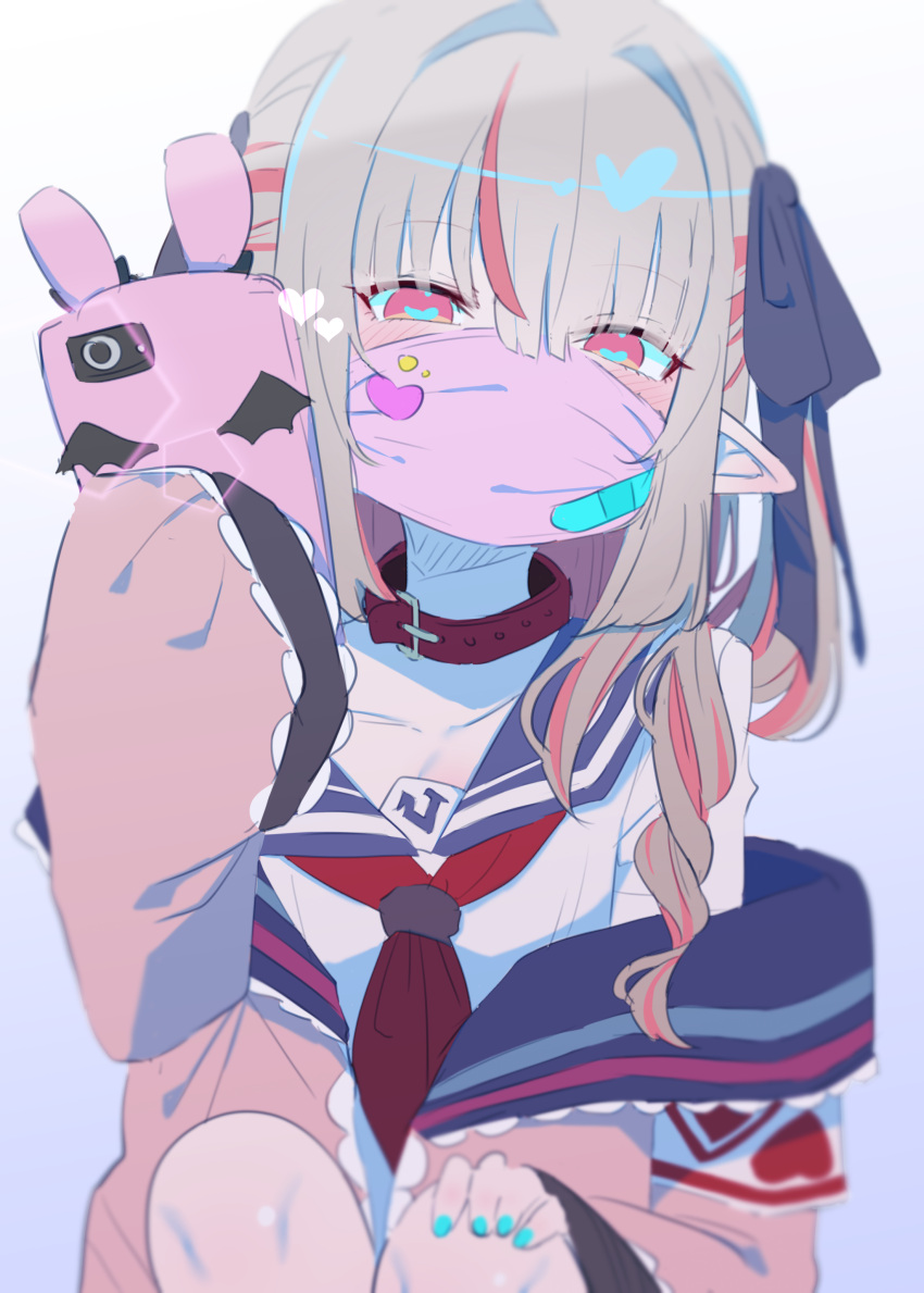 1girl absurdres bandaid black_bow blue_nails blue_sailor_collar blush bow cellphone fingernails grey_hair hair_bow hand_up heart heart-shaped_pupils highres holding holding_phone jacket long_sleeves looking_at_viewer makaino_ririmu mask mouth_mask multicolored_hair nail_polish neckerchief nijisanji off_shoulder phone pink_jacket pink_mask pointy_ears red_neckerchief redhead sailor_collar school_uniform serafuku shirt short_sleeves sleeves_past_fingers sleeves_past_wrists smartphone smartphone_case smile solo squatting streaked_hair surgical_mask symbol-shaped_pupils twintails two-tone_hair utsusumi_kio white_shirt