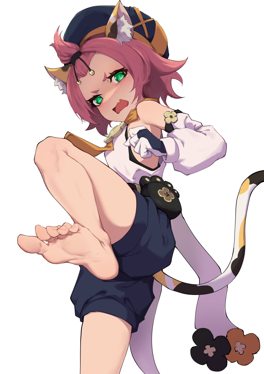 1girl absurdres angry animal_ear_fluff animal_ears bangs_pinned_back bare_legs bare_shoulders barefoot beret black_shorts cat_ears cat_girl cat_tail detached_sleeves diona_(genshin_impact) disgust fang feet genshin_impact glaring gloves green_eyes hat highres long_sleeves looking_at_viewer morinosuke open_mouth pink_hair puffy_long_sleeves puffy_shorts puffy_sleeves shirt short_eyebrows short_shorts shorts simple_background solo tail thick_eyebrows white_background white_shirt white_sleeves