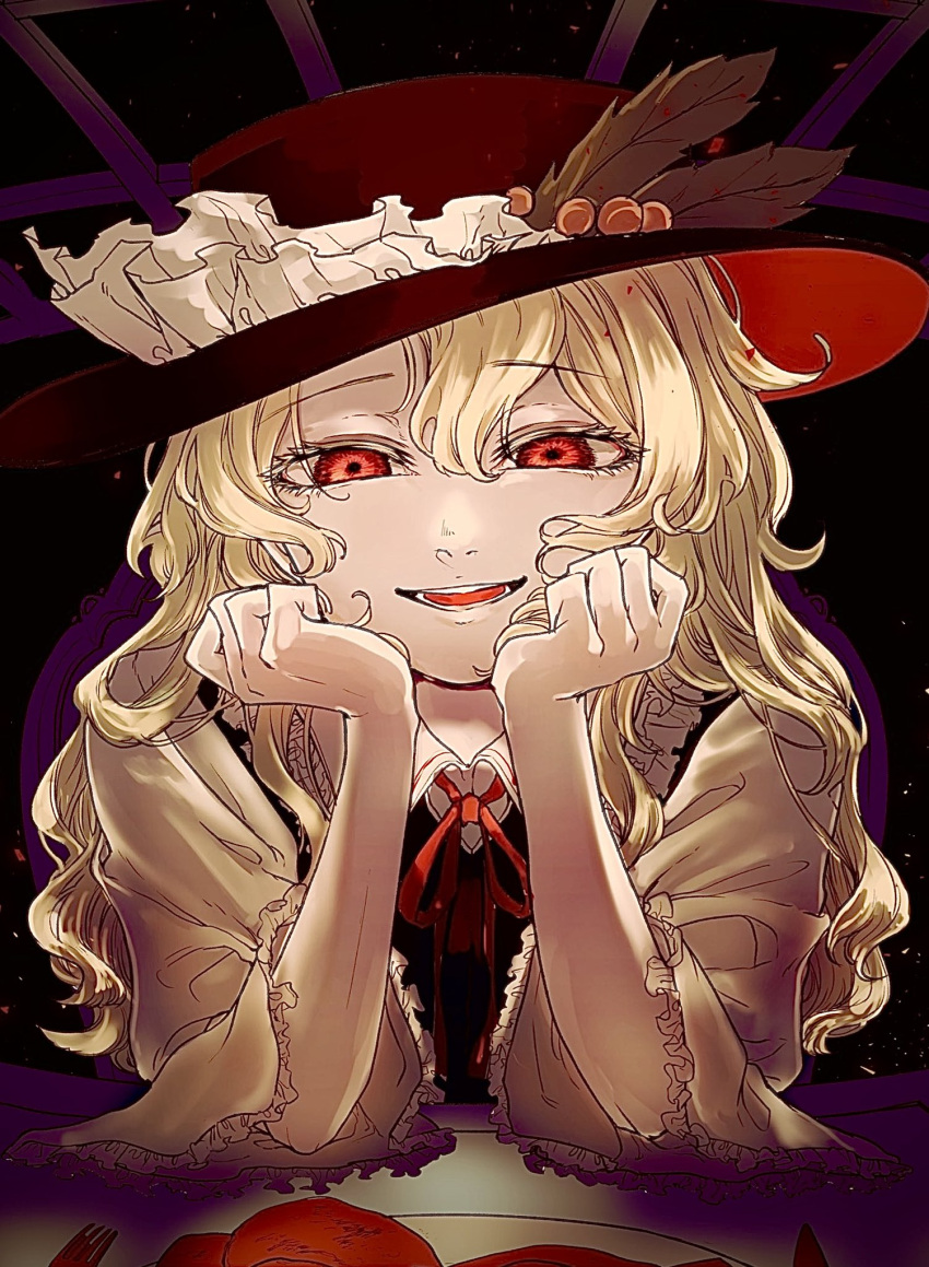 1girl blonde_hair brown_headwear brown_vest collared_shirt commentary_request eyebrows_visible_through_hair eyelashes fedora fork frilled_hat frilled_sleeves frills hands_on_own_face hat hat_feather highres jacket_girl_(dipp) jun_harukawa knife long_hair long_sleeves looking_at_viewer open_mouth red_eyes red_ribbon ribbon shirt table touhou vest white_shirt wide_sleeves