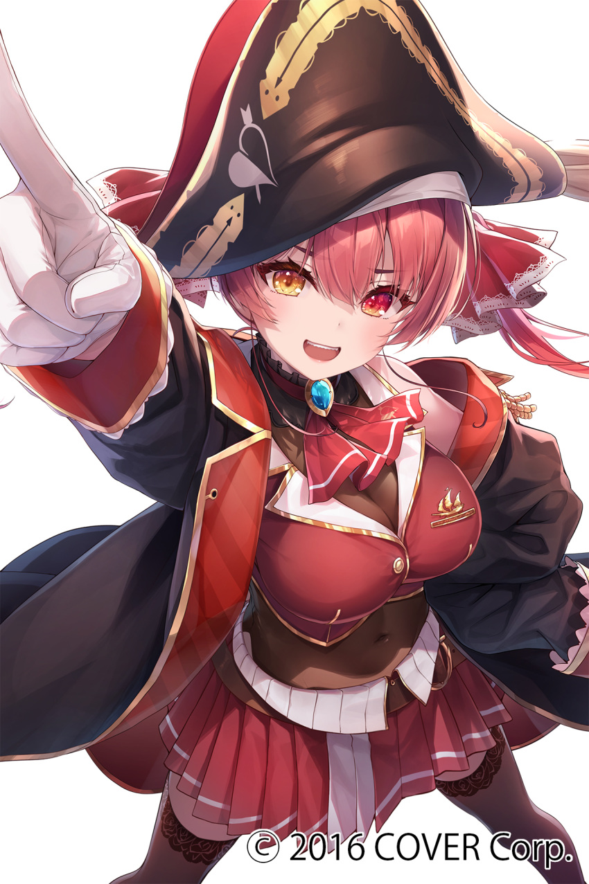 1girl 2016 arm_up arrow_through_heart ascot belt bicorne black_coat black_headwear breasts brooch brown_belt chihiro_ayaka coat company_name copyright covered_navel cropped_jacket gloves hair_ribbon hat heterochromia highres hololive houshou_marine jacket jewelry large_breasts legs_apart official_art open_mouth pleated_skirt pointing pointing_up red_ascot red_eyes red_jacket red_ribbon ribbon simple_background skirt sleeveless sleeveless_jacket solo standing teeth thigh-highs upper_teeth white_background white_gloves yellow_eyes