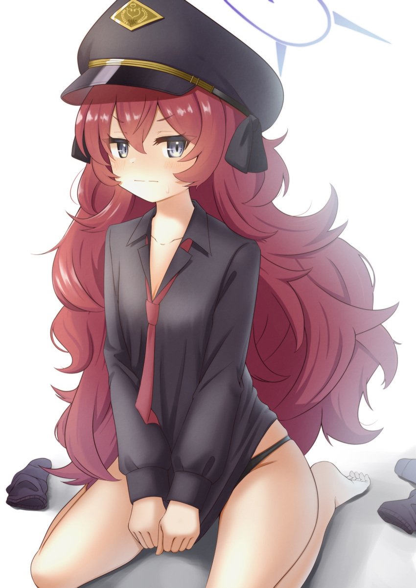 1girl asuteru black_legwear black_panties blue_archive blush clothes_pull coat coat_removed embarrassed halo hat highres iroha_(blue_archive) military_hat necktie panties pulled_by_self red_necktie redhead seiza shirt_pull simple_background sitting skirt skirt_removed socks_removed underwear