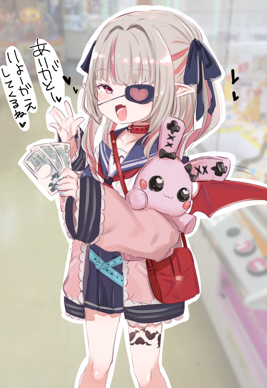 1girl :d absurdres black_bow blue_nails blue_sailor_collar blue_skirt blurry blurry_background blush bow depth_of_field eyepatch fang fingernails hair_bow hand_up heart heart_eyepatch highres holding holding_money jacket long_sleeves looking_at_viewer makaino_ririmu miniskirt money multicolored_hair nail_polish nijisanji open_mouth pink_jacket sailor_collar school_uniform serafuku shirt skin_fang skirt smile solo standing streaked_hair stuffed_animal stuffed_bunny stuffed_toy translation_request utsusumi_kio white_shirt