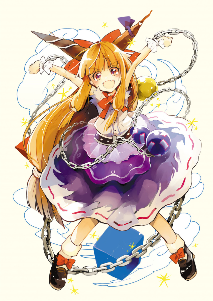 1girl :d arms_up azuma_aya bangs black_footwear blonde_hair blue_bow blunt_bangs bow bowtie chain fang footwear_bow gourd hair_bow highres horn_bow horn_ornament horns ibuki_suika long_hair low-tied_long_hair official_art red_bow ribbon-trimmed_skirt ribbon_trim shirt shoes smile socks solo strange_creators_of_outer_world third-party_source torn_clothes torn_sleeves touhou very_long_hair white_legwear white_shirt wrist_cuffs