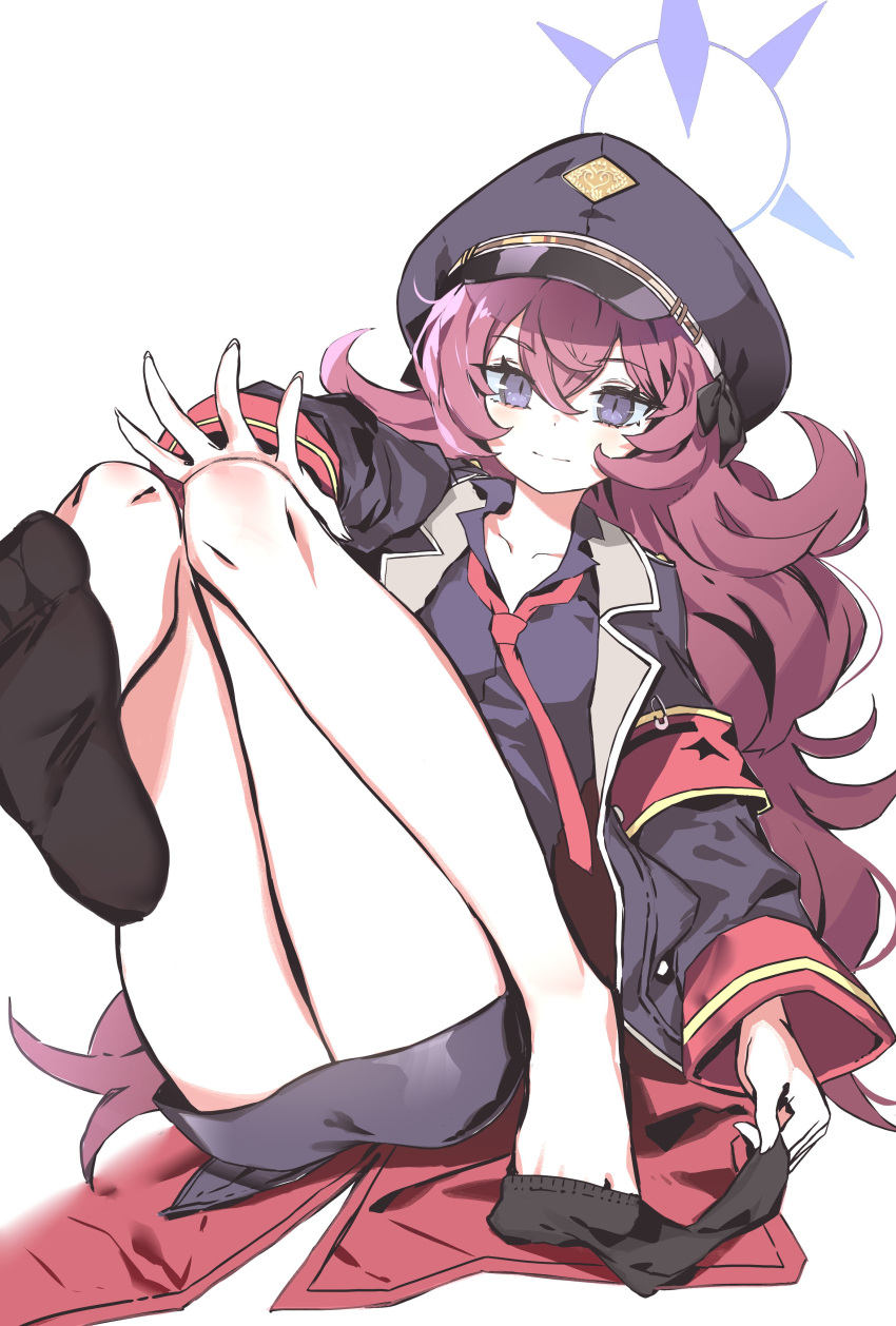 1girl absurdres armband black_shirt black_skirt blue_archive blush halo hat highres iroha_(blue_archive) jacket looking_at_viewer military military_hat military_uniform necktie red_necktie redhead removing_sock ryoma_(rym_369) safety_pin shirt simple_background skirt socks solo thighs uniform white_background