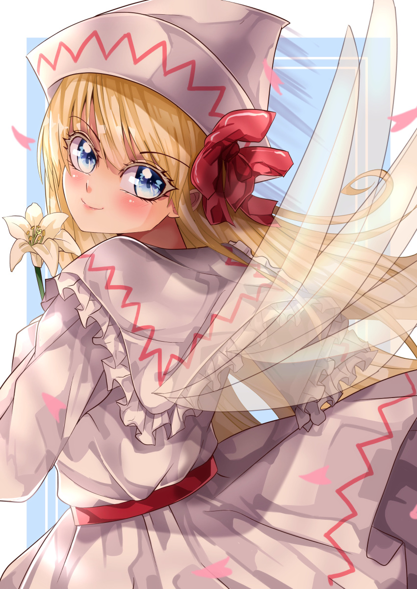 1girl absurdres blonde_hair blue_background blue_eyes blush bow closed_mouth cowboy_shot dress eyebrows_visible_through_hair fairy_wings flower frilled_shirt_collar frills from_behind hair_bow highres holding holding_flower lily_white long_hair looking_at_viewer looking_back maboroshi_mochi petals pointy_hat red_bow simple_background smile solo touhou transparent_wings white_dress white_flower white_headwear wings