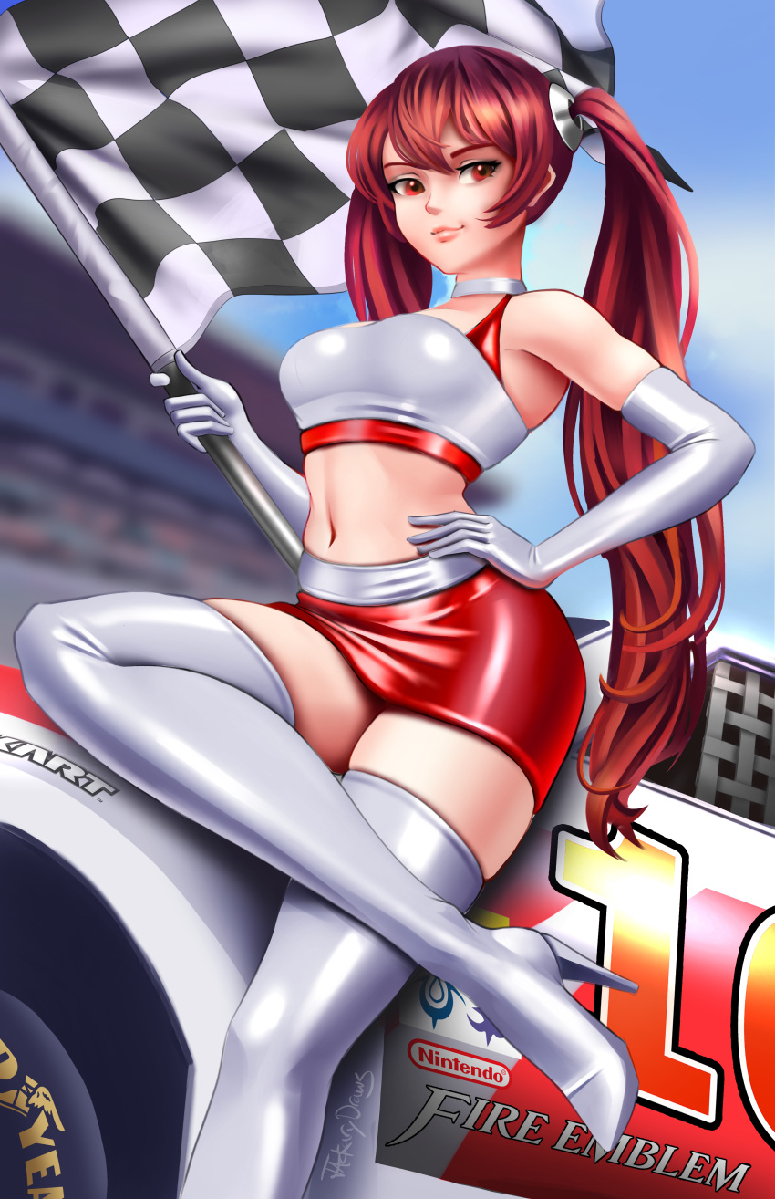 1girl absurdres adapted_costume boots car checkered_flag choker commission elbow_gloves fire_emblem fire_emblem_awakening flag gloves ground_vehicle hair_tie high_heels highres jackary looking_at_viewer motor_vehicle navel race_vehicle racecar racequeen redhead severa_(fire_emblem) solo thigh-highs thigh_boots tsundere twintails white_choker