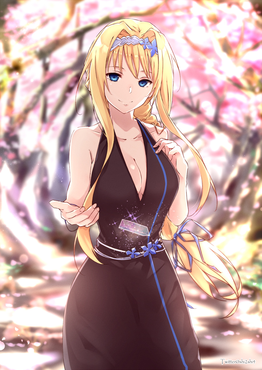 1girl alice_zuberg bare_arms bare_shoulders black_dress blonde_hair blue_eyes braid braided_ponytail breasts dress evening_gown flower gown hair_intakes hairband highres long_hair looking_at_viewer no_bra ponytail shi-2 smile sword_art_online sword_art_online:_alicization white_hairband