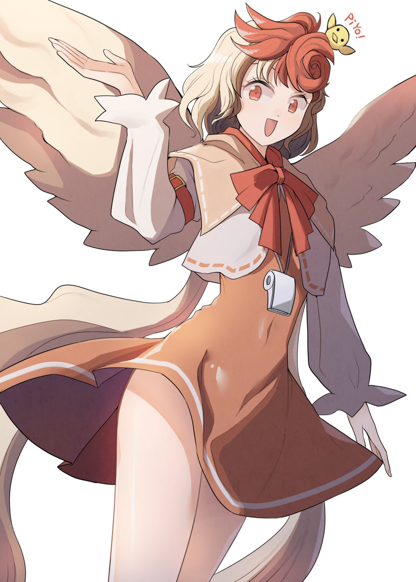 1girl absurdres animal_on_head bird bird_on_head bird_tail bird_wings blonde_hair chick commentary_request covered_navel dress dutch_angle feathered_wings hairband highres juliet_sleeves long_sleeves medium_hair multicolored_hair niwatari_kutaka on_head orange_dress puffy_sleeves red_eyes red_ribbon redhead ribbon sei_(kaien_kien) shirt short_dress simple_background solo tail tail_feathers thighs touhou two-tone_hair whistle white_background white_shirt wings