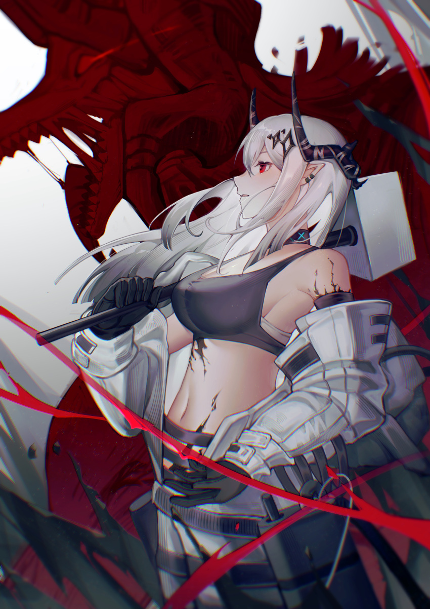 1girl absurdres ajiu_(ajiuyaa) arknights bangs bare_shoulders black_choker black_gloves breasts choker commentary cowboy_shot crop_top from_side gloves hammer highres holding holding_hammer holding_weapon horns infection_monitor_(arknights) large_breasts long_hair long_sleeves midriff mudrock_(arknights) navel off_shoulder oripathy_lesion_(arknights) over_shoulder parted_lips pointy_ears profile red_eyes solo sports_bra standing stomach weapon weapon_over_shoulder white_hair
