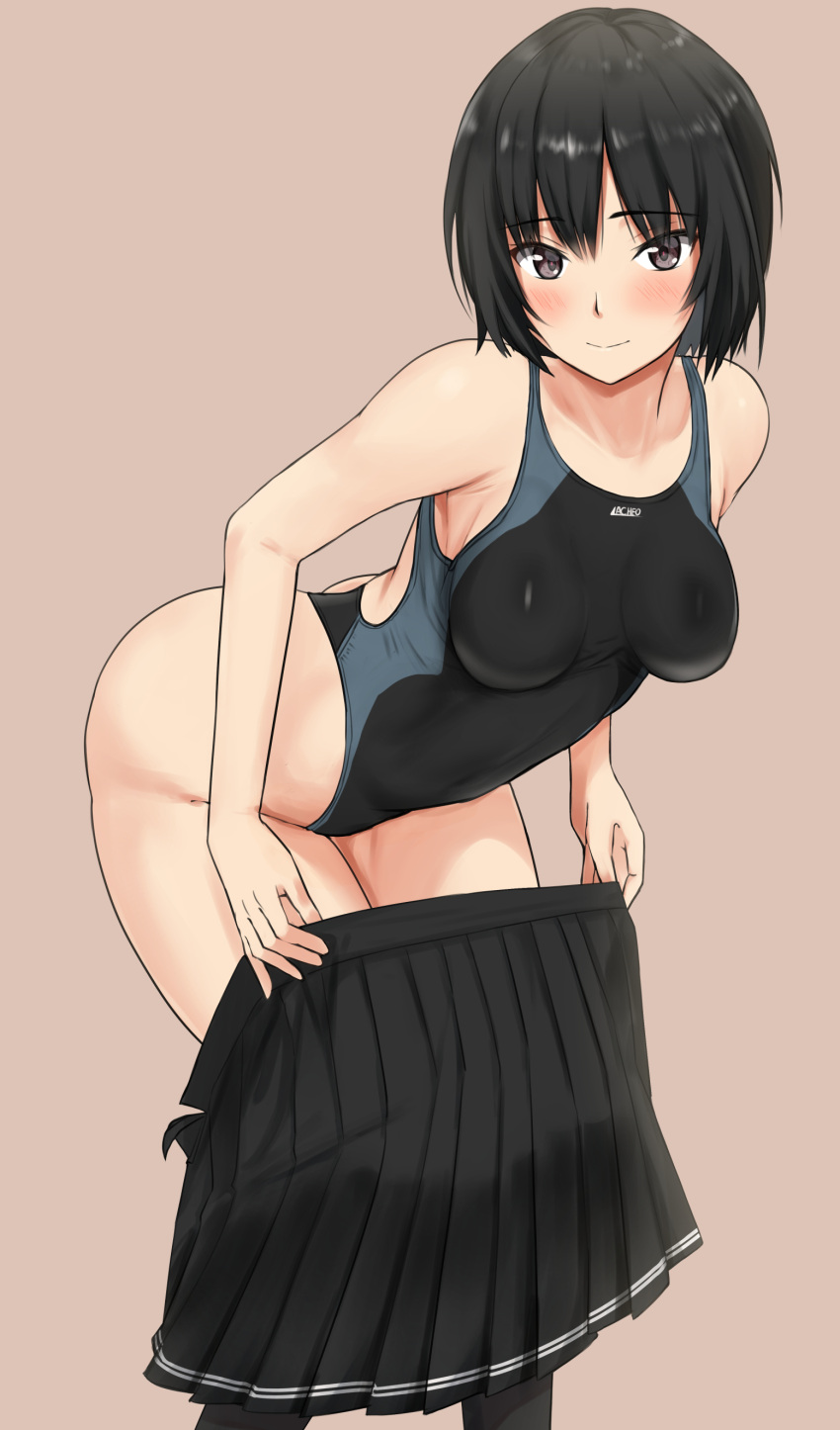 1girl absurdres amagami black_eyes black_hair black_skirt black_swimsuit blurry bob_cut breasts brown_background collarbone competition_swimsuit depth_of_field feet_out_of_frame highres leaning_forward nanasaki_ai one-piece_swimsuit pleated_skirt school_uniform shirt short_hair simple_background skirt small_breasts solo swimsuit swimsuit_under_clothes two-tone_swimsuit undressing white_shirt ykh1028