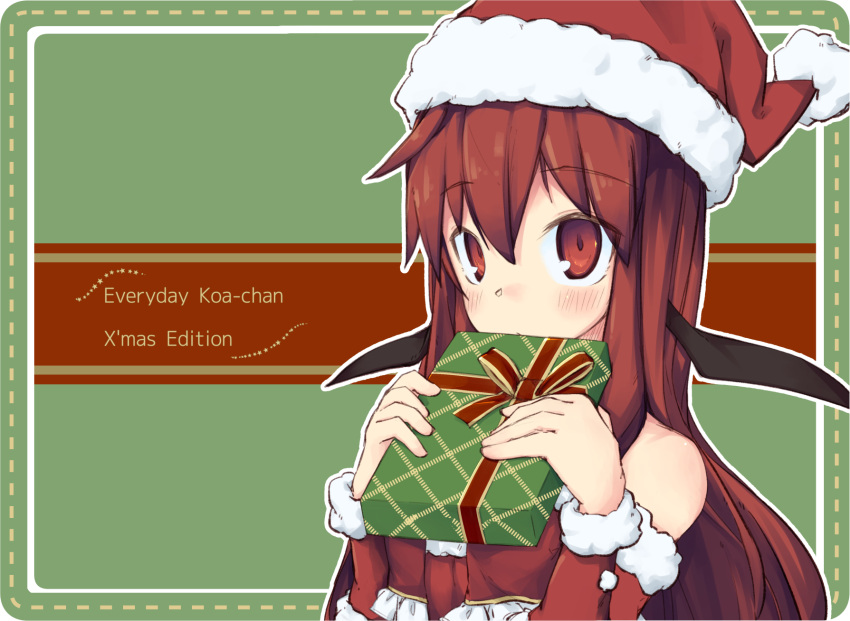 1girl alternate_costume ayase_yuuki_(mikan_mochi) bare_shoulders bat_wings blush border bow box christmas christmas_present commentary_request covering_mouth dot_nose english_text eyebrows_visible_through_hair gift gift_box green_background hair_between_eyes hat head_wings highres holding holding_box koakuma long_hair long_sleeves red_bow red_eyes red_shirt redhead santa_costume santa_hat shirt simple_background touhou upper_body white_border wings