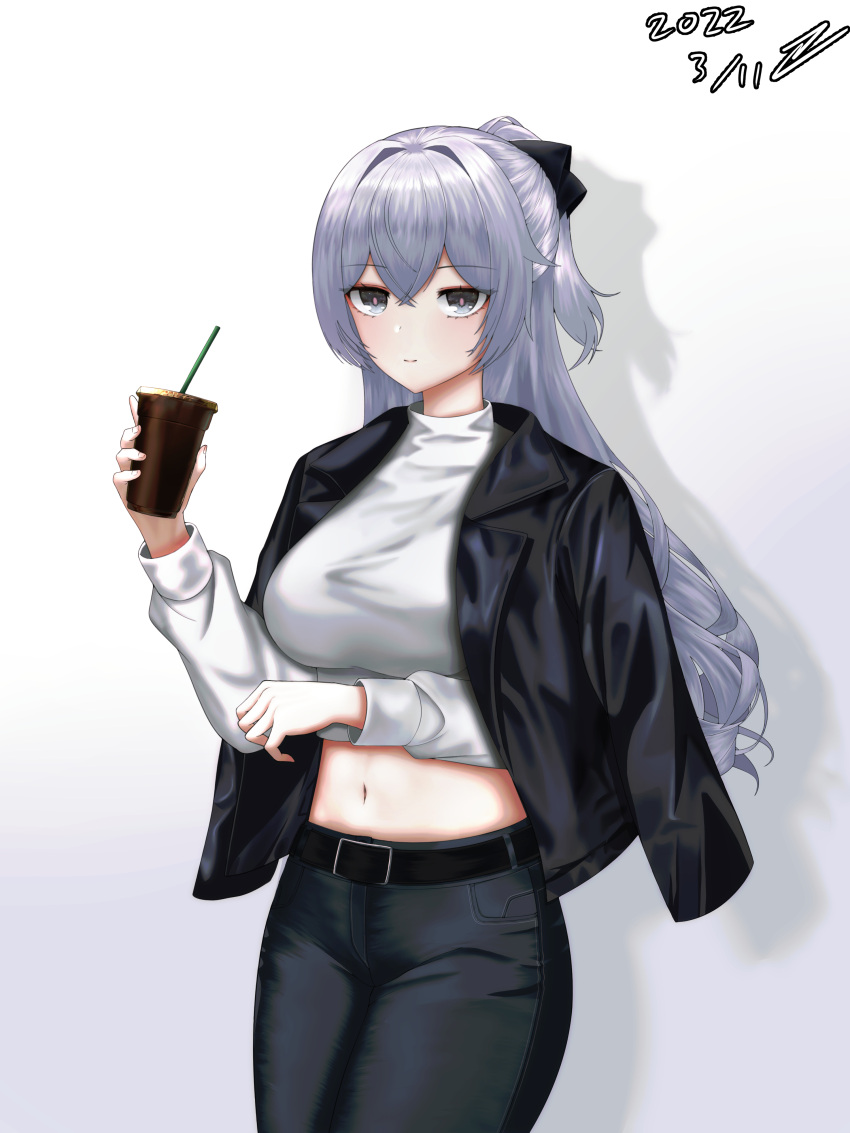 1girl absurdres bangs belt black_belt black_jacket black_pants breasts bronya_zaychik bronya_zaychik_(silverwing:_n-ex) closed_mouth commentary_request cup dated dong_hawn dress eyebrows_visible_through_hair grey_eyes grey_hair hair_between_eyes highres holding holding_cup honkai_(series) honkai_impact_3rd jacket jacket_on_shoulders large_breasts long_hair long_sleeves looking_at_viewer midriff navel open_clothes open_jacket pants shirt solo standing white_shirt