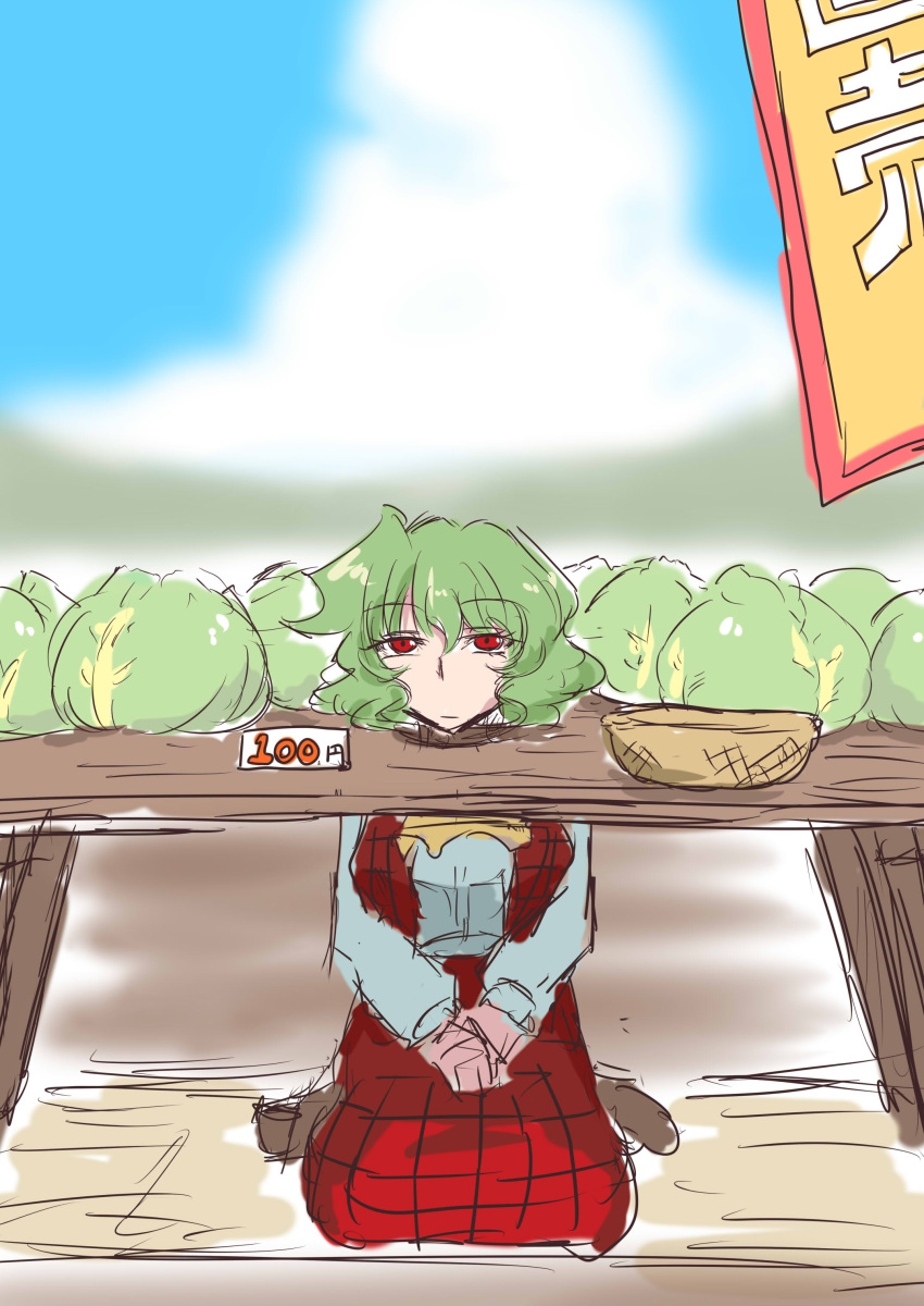 1girl absurdres burijittou cabbage clouds cloudy_sky day eyebrows eyelashes field green_hair highres kazami_yuuka lettuce mountain outdoors red_eyes short_hair sketch sky table touhou
