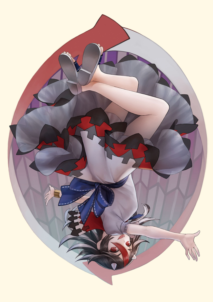 1girl :p ascot black_hair bloomers blue_ascot blue_sash bracelet dress highres horns jewelry kijin_seija masakichi_(mmw) multicolored_hair official_art red_eyes redhead sandals sash short_sleeves solo strange_creators_of_outer_world third-party_source tongue tongue_out touhou underwear upside-down white_dress white_hair