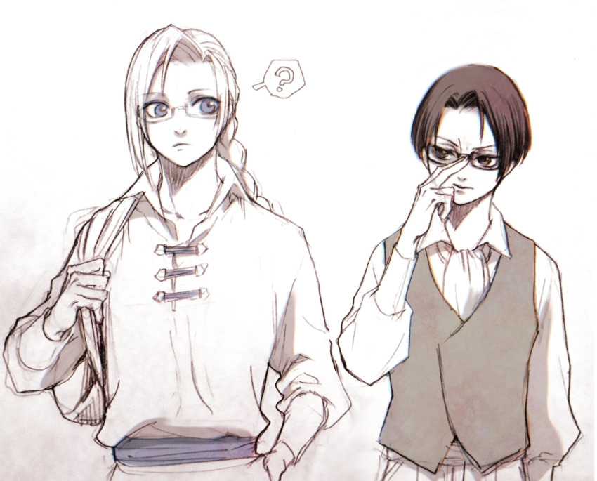 2boys ? adjusting_eyewear arm_at_side arthur_beresford ascot bag bangs braid braided_ponytail closed_mouth collared_shirt csanaca furrowed_brow glasses hand_on_hip hand_up height_difference higeki_no_genkyou_tonaru_saikyou_gedou_last_boss_joou_wa_tami_no_tame_ni_tsukushimasu highres holding_strap long_hair long_sleeves looking_at_another looking_away looking_to_the_side male_focus multiple_boys parted_bangs photo_(medium) puffy_long_sleeves puffy_sleeves sash shirt short_hair shoulder_bag side-by-side sideways_glance simple_background single_braid solo spoken_question_mark stayle_royale_ivy toggles twitter_username vest