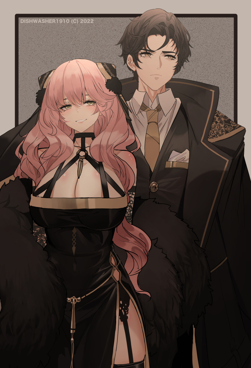 1boy 1girl absurdres anya_(spy_x_family) artist_name bangs black_dress black_hair breasts collarbone collared_shirt damian_desmond dishwasher1910 dress feather_boa formal hair_between_eyes hair_ornament highres jacket jacket_on_shoulders large_breasts long_hair necktie older pink_hair revealing_clothes shirt short_hair spy_x_family suit thigh-highs upper_body yellow_eyes