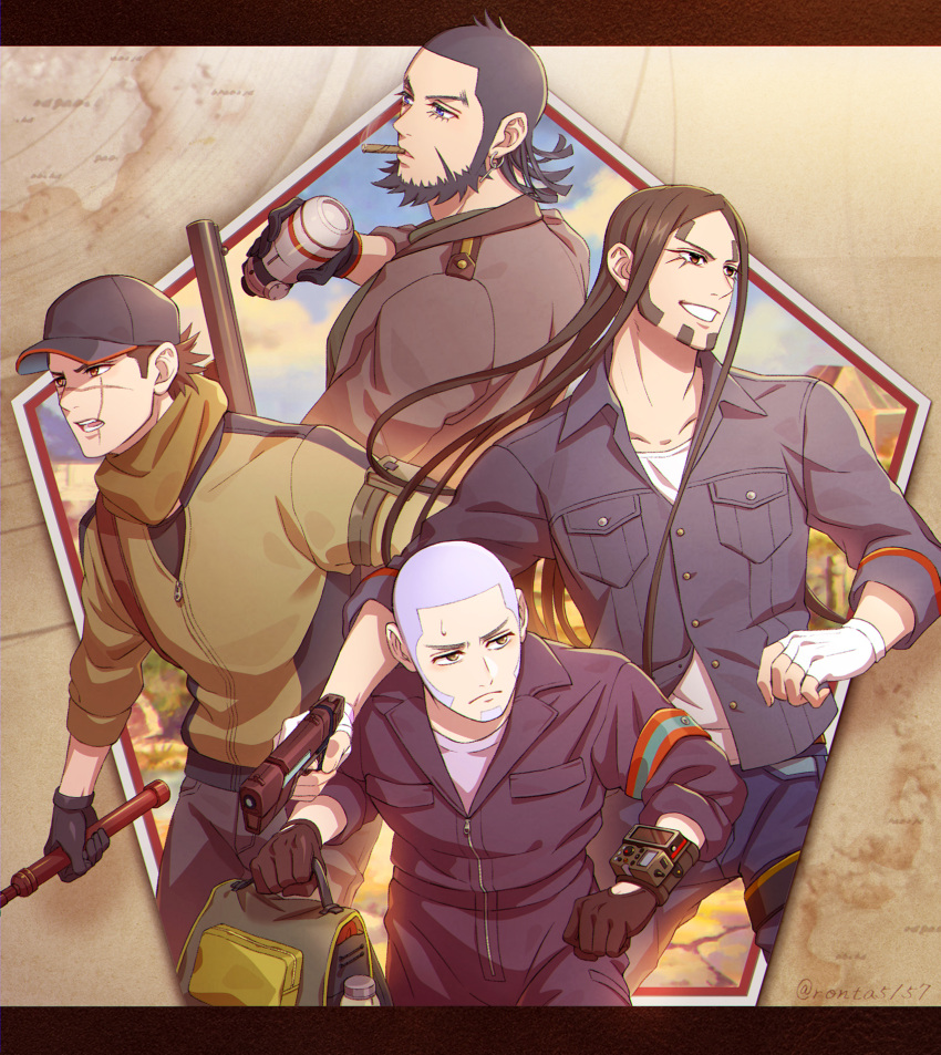 4boys beard black_gloves black_hair black_pants black_shirt blue_eyes blue_pants brown_eyes buttons buzz_cut collared_shirt facial_hair frown gloves golden_kamuy grey_hair gun highres holding holding_gun holding_weapon jacket jumpsuit kiroranke long_hair long_sideburns male_focus multiple_boys oosawa_fusatarou pants ronta5157 shiraishi_yoshitake shirt short_hair sideburns smile smoking spiky_hair sugimoto_saichi sweatdrop thick_eyebrows very_short_hair weapon white_gloves white_shirt yellow_eyes