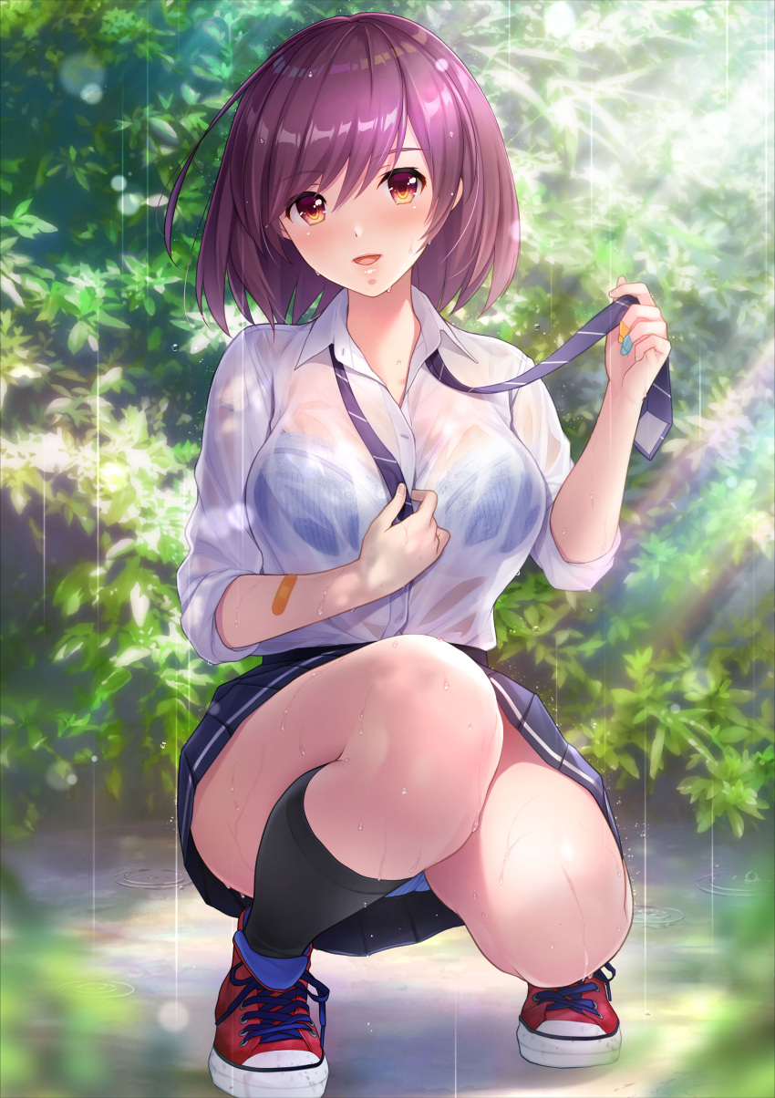 1girl absurdres araya_touka bandaid bandaid_on_arm black_legwear blue_bra blush bra breasts clothes_lift full_body highres holding_necktie kneeling koizumi_amane large_breasts leaf lips looking_at_viewer necktie open_mouth outdoors panties pleated_skirt rain school_uniform see-through shirt shoes short_hair skirt skirt_lift sneakers socks solo striped_necktie tsuki_no_kanata_de_aimashou underwear wet wet_clothes white_panties white_shirt yellow_eyes