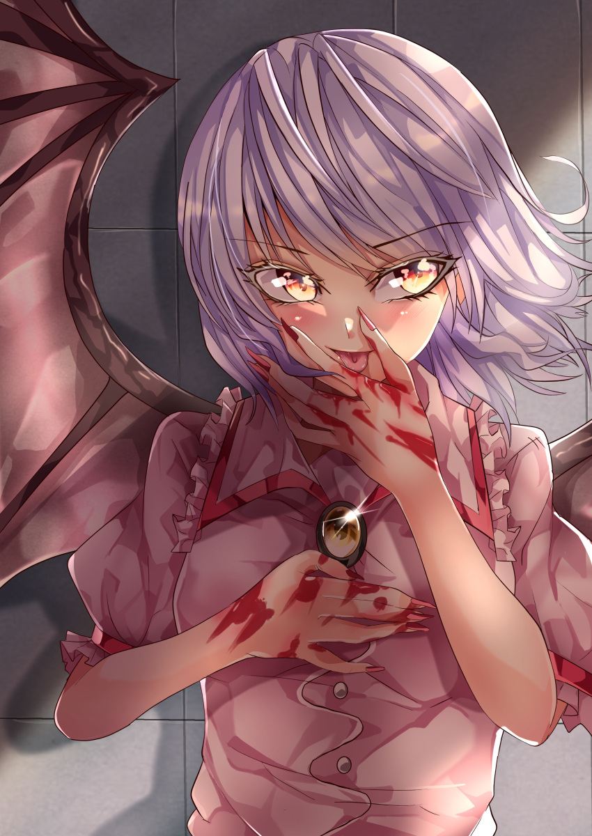 1girl absurdres bat_wings blood blood_on_hands blush breasts brooch buttons collared_shirt commentary_request dress_shirt eyebrows_visible_through_hair fingernails frilled_shirt_collar frilled_sleeves frills highres jewelry licking licking_finger looking_at_viewer maboroshi_mochi medium_hair nail_polish no_hat no_headwear orange_eyes pink_shirt puffy_short_sleeves puffy_sleeves red_nails remilia_scarlet sharp_fingernails shiny shirt short_sleeves small_breasts solo tongue tongue_out touhou upper_body v-shaped_eyebrows wings yellow_brooch