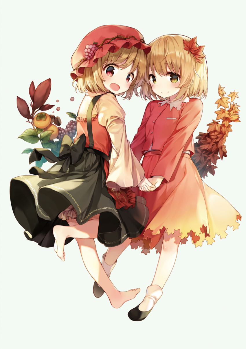 2girls aki_minoriko aki_shizuha apron barefoot black_footwear black_skirt blonde_hair bloomers eyebrows_visible_through_hair food fruit grapes green_eyes hat highres holding_hands juliet_sleeves leaf leaf_on_head long_sleeves looking_at_viewer mob_cap multiple_girls official_art open_mouth orange_eyes orange_shirt orange_skirt persimmon puffy_sleeves red_apron red_headwear shirt shnva shoes short_hair skirt skirt_set smile socks strange_creators_of_outer_world suspender_skirt suspenders third-party_source touhou underwear waist_apron white_legwear