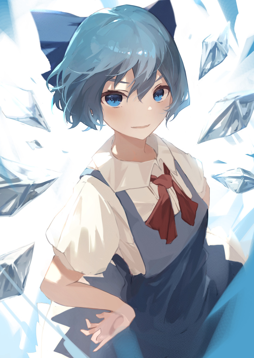 1girl absurdres backlighting bloom blue_bow blue_dress blue_eyes blue_hair bow cirno dress eyebrows_behind_hair hair_between_eyes hair_bow hand_on_hip highres ice ice_wings kettle_(4693-42) light_smile looking_at_viewer parted_lips puffy_short_sleeves puffy_sleeves red_ribbon ribbon shirt short_hair short_sleeves simple_background solo touhou v-shaped_eyebrows white_background white_shirt wings