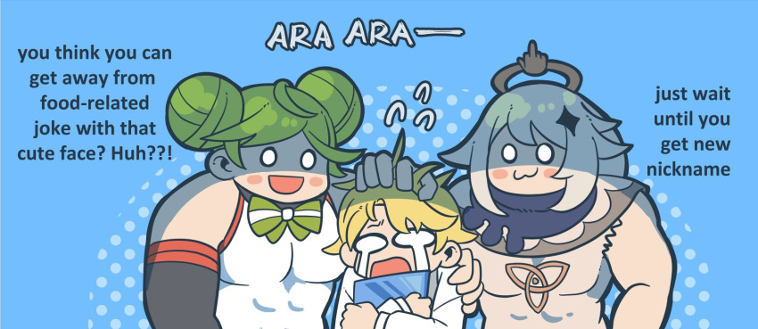 1boy 2girls :3 :d :o ai-chan_(honkai_impact) bangs black_scarf blonde_hair blue_background boots closed_eyes closed_mouth company_connection crossover crying crying_with_eyes_open davis_(tears_of_themis) double_bun dress genshin_impact green_hair grey_necktie grey_vest grin halo hand_on_another's_head highres holding holding_tablet_pc honkai_(series) honkai_impact_3rd long_hair long_sleeves middle_finger mihoyo_technology_(shanghai)_co._ltd. multiple_girls muscular muscular_female necktie open_mouth paimon_(genshin_impact) paipaimonmon polo_shirt scarf short_hair simple_background sleeveless sleeveless_dress smile tablet_pc tears tears_of_themis vest white_dress white_footwear white_hair white_sleeves