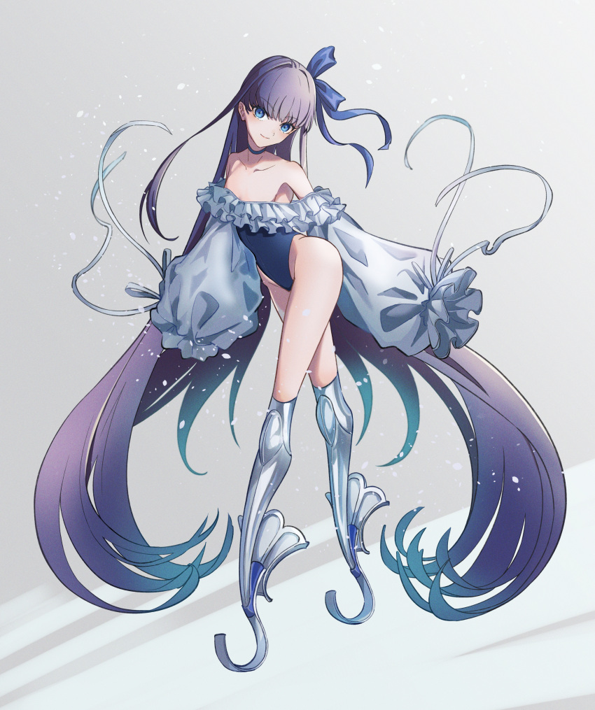 1girl absurdres armpits bare_shoulders blue_bow blue_choker blue_eyes blue_hair blue_swimsuit bow choker closed_mouth collarbone fate/grand_order fate_(series) frills full_body gradient_hair grey_background hair_bow head_tilt highleg highleg_swimsuit highres kiriko_(onigiri21) long_hair looking_at_viewer meltryllis_(fate) meltryllis_(swimsuit_lancer)_(fate) meltryllis_(swimsuit_lancer)_(second_ascension)_(fate) multicolored_hair off-shoulder_one-piece_swimsuit off_shoulder purple_hair sleeves_past_wrists smile solo swimsuit thighs two-tone_hair very_long_hair white_sleeves
