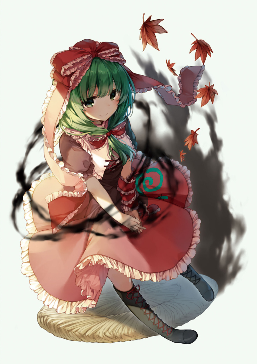 1girl aura black_footwear boots collar cross-laced_footwear dress eyebrows_visible_through_hair frilled_collar frilled_cuffs frilled_dress frilled_ribbon frills green_eyes green_hair highres kagiyama_hina leaf looking_at_viewer medium_hair official_art own_hands_together puffy_short_sleeves puffy_sleeves red_dress ribbon shnva short_sleeves smile solo strange_creators_of_outer_world third-party_source touhou