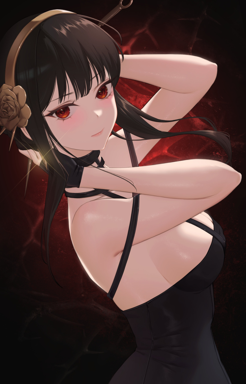 1girl absurdres adjusting_hair armpit_peek arms_up bangs bare_shoulders black_dress black_hair breasts commentary dress eyebrows_visible_through_hair fingerless_gloves flower from_side glint gloves gold_hairband hair_flower hair_ornament highres large_breasts lichiko light_blush lips looking_at_viewer looking_to_the_side off_shoulder red_eyes rose_hair_ornament short_hair_with_long_locks sideboob sidelocks solo spy_x_family upper_body yor_briar