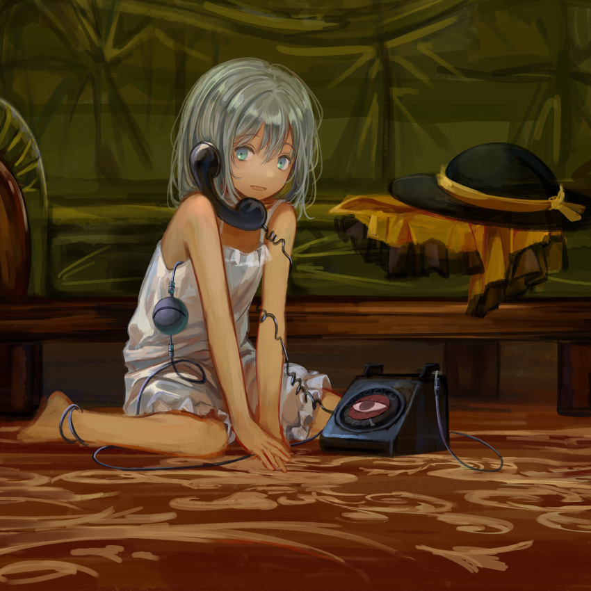 1girl absurdres bangs barefoot between_legs black_headwear bloomers blouse camisole carpet clothes_removed commentary corded_phone couch eyebrows_visible_through_hair frilled_shirt frills full_body green_eyes green_hair hair_between_eyes hand_between_legs hat hat_removed headwear_removed highres humanization indoors koishi_day komeiji_koishi komeiji_satori looking_at_viewer messy_hair own_hands_together phone ribbon sero3eta shirt short_hair sideways_glance sitting smile solo spaghetti_strap talking_on_phone third_eye touhou underwear wariza white_bloomers white_camisole yellow_ribbon