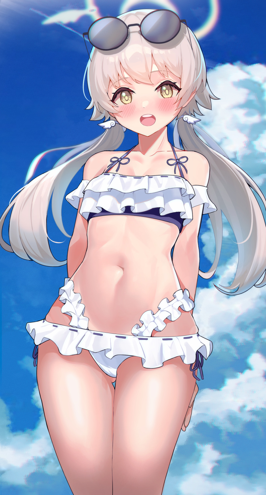 1girl absurdres arms_behind_back ass_visible_through_thighs bare_arms bare_legs bare_shoulders bikini bikini_skirt blue_archive blue_sky blush breasts clouds collarbone day eyebrows_visible_through_hair eyewear_on_head frilled_bikini frills hair_between_eyes halo hifumi_(blue_archive) highres layered_bikini long_hair looking_at_viewer low_twintails navel nuo_nuomi_ci open_mouth outdoors sky solo standing sunglasses swimsuit thigh_gap twintails white_bikini yellow_eyes