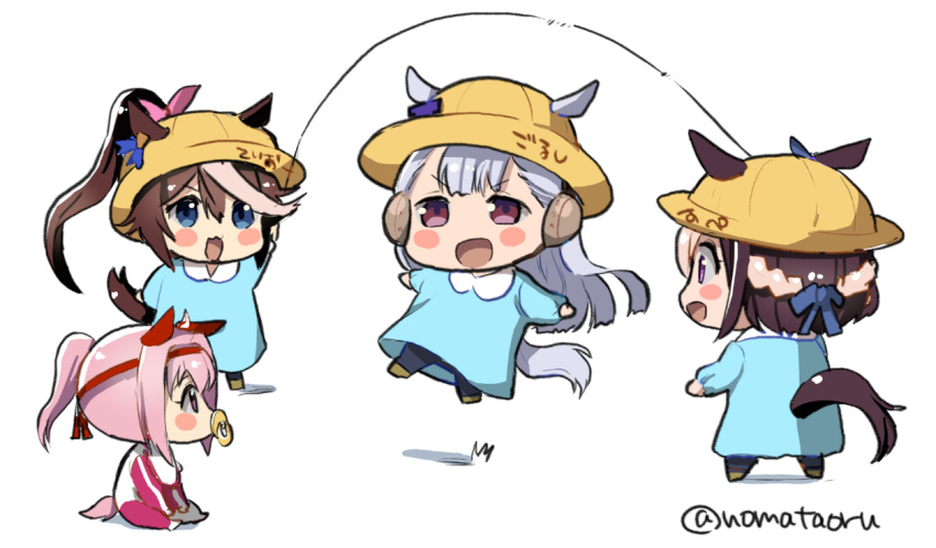 4girls animal_ears baby bangs blue_shirt blush_stickers brown_hair chibi child ears_through_headwear gold_ship_(umamusume) haru_urara_(umamusume) hat horse_ears horse_girl horse_tail jump_rope jumping kindergarten_uniform long_hair multiple_girls noma_taoru open_mouth pacifier pink_hair ponytail school_hat shirt simple_background sitting smile special_week_(umamusume) standing tail tokai_teio_(umamusume) twitter_username umamusume white_background yellow_headwear