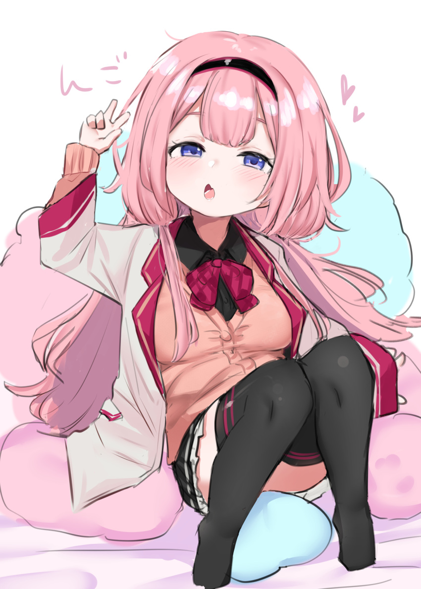 1girl absurdres black_hairband black_legwear black_shirt blush bow bowtie brown_cardigan cardigan collared_shirt hairband hand_up highres labcoat legs_together long_hair looking_at_viewer nijisanji open_labcoat open_mouth pillow pink_hair red_bow red_bowtie shirt simple_background solo suo_sango thigh-highs utsusumi_kio violet_eyes w wing_collar