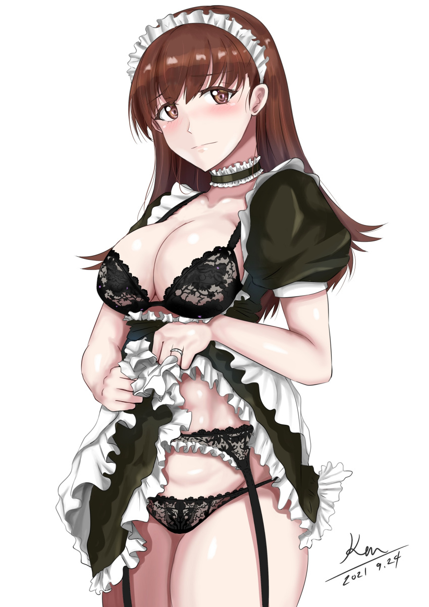 1girl abs absurdres alternate_costume apron black_bra black_choker black_dress black_panties bra breasts brown_eyes brown_hair choker clothes_lift collarbone cowboy_shot dated dress dress_lift embarrassed enmaided eyebrows_visible_through_hair frills hair_between_eyes highres jewelry kantai_collection ken_(shutenndouji1) lifted_by_self long_hair looking_at_viewer maid medium_breasts muscular muscular_female ooi_(kancolle) panties puffy_short_sleeves puffy_sleeves ring short_sleeves signature simple_background solo underwear wedding_ring white_background