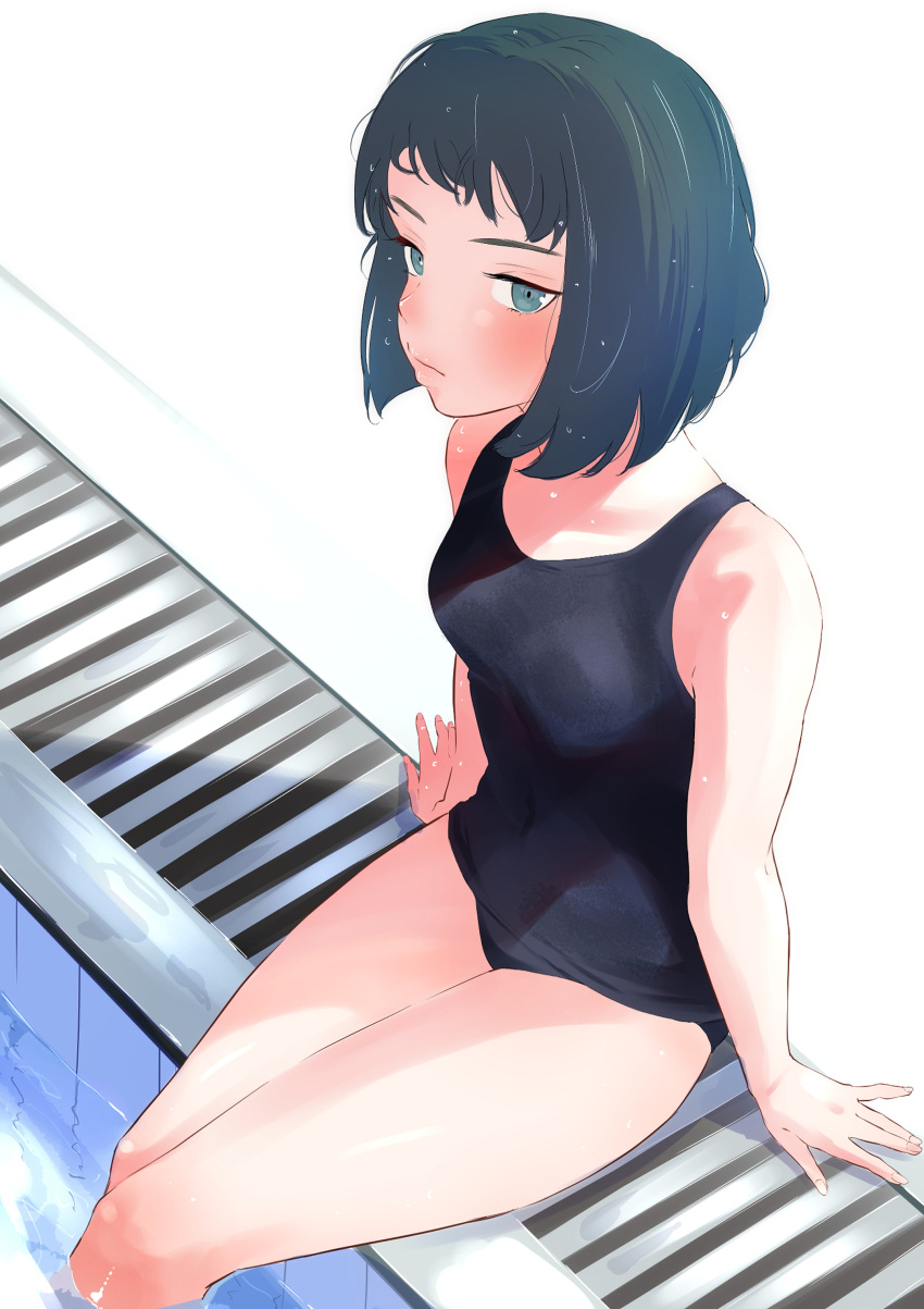 1girl absurdres bangs black_eyes black_hair black_swimsuit blunt_bangs blunt_ends bob_cut closed_mouth commentary frown girls_und_panzer highres looking_at_viewer nishihara_yasoko old_school_swimsuit one-piece_swimsuit oze_(xyz_go_go11) pool school_swimsuit short_hair sitting soaking_feet solo swimsuit wet wet_hair white_background