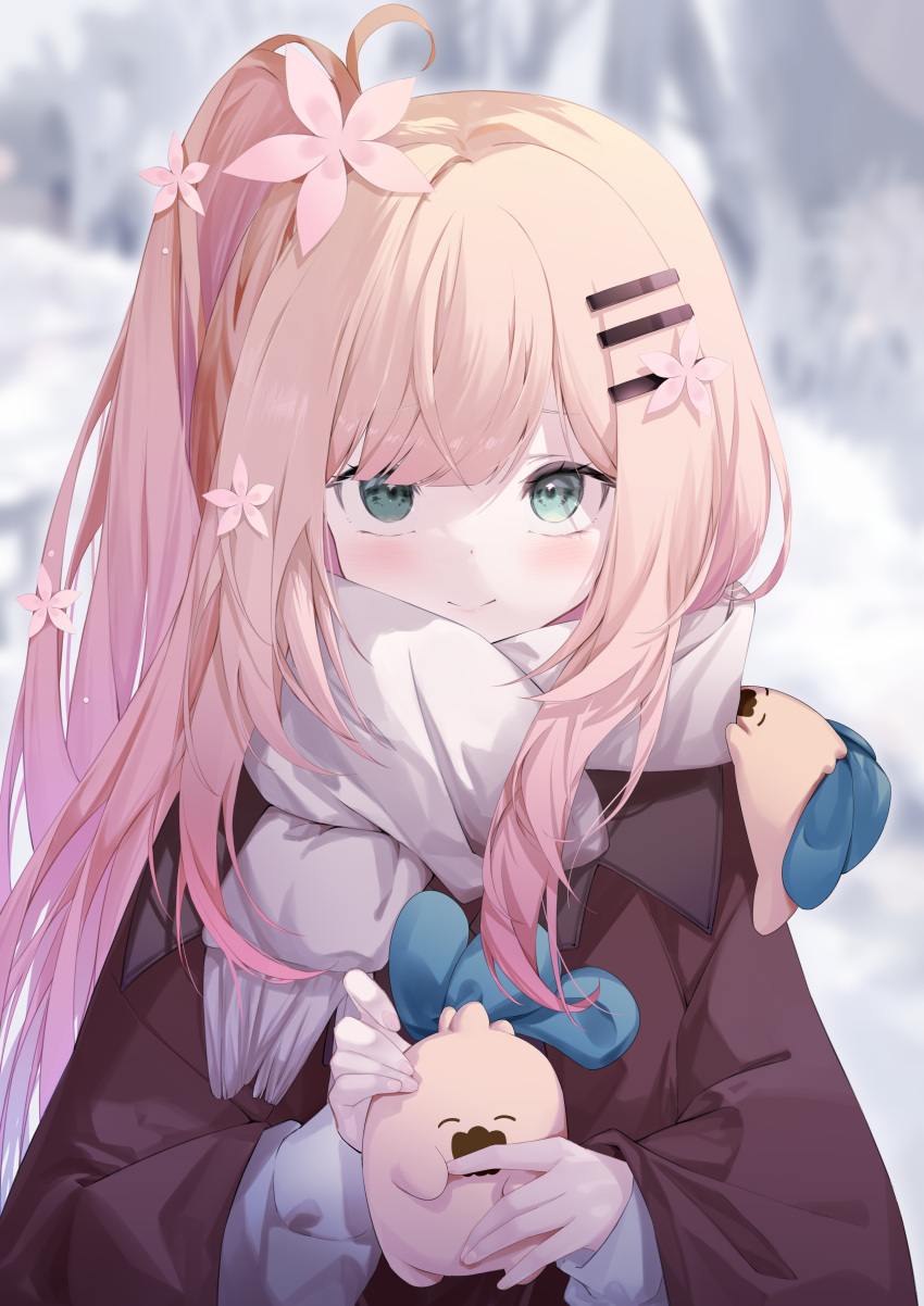 1girl absurdres bangs blunt_bangs blurry blurry_background blush day eyebrows_behind_hair flower hair_flower hair_ornament highres holding hololive long_hair long_sleeves looking_at_viewer momosuzu_nene one_side_up outdoors pink_hair pola_(1021) scarf shirt smile snow solo upper_body winter