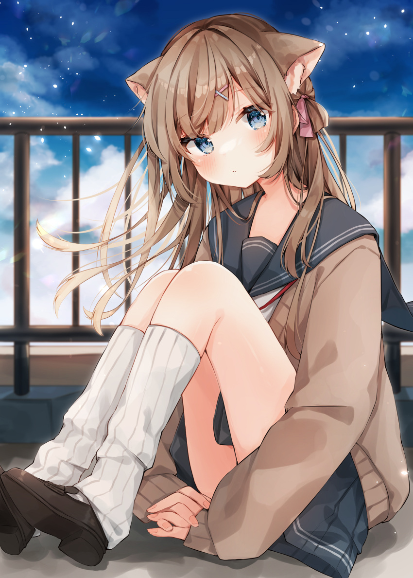 1girl animal_ear_fluff animal_ears bangs blue_eyes blue_sailor_collar blue_skirt blush brown_cardigan brown_footwear brown_hair cardigan cat_ears closed_mouth clouds day from_side hair_ornament hair_ribbon heripiro highres kneehighs knees_up long_hair long_sleeves looking_at_viewer looking_to_the_side open_cardigan open_clothes original own_hands_clasped own_hands_together pink_ribbon ribbon sailor_collar shoes sitting skirt solo white_legwear x_hair_ornament