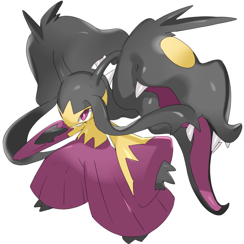 bright_pupils commentary_request extra_mouth full_body hand_up highres legs_apart mawile mega_mawile mega_pokemon mian_(3zandora) outstretched_arm pokemon pokemon_(creature) solo standing violet_eyes white_background white_pupils
