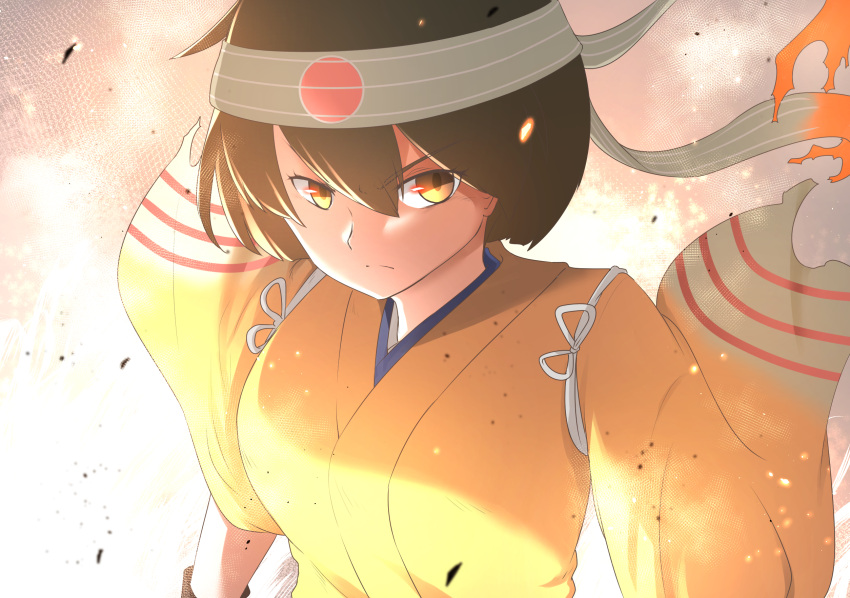 breasts brown_hair gloves gradient gradient_background hachimaki hair_between_eyes headband highres hiryuu_(kancolle) hiryuu_kai_ni_(kancolle) japanese_clothes kantai_collection kimono large_breasts long_sleeves looking_at_viewer one_side_up partially_fingerless_gloves red_background short_hair tiger_(tiger-kimu) wide_sleeves yellow_kimono yugake