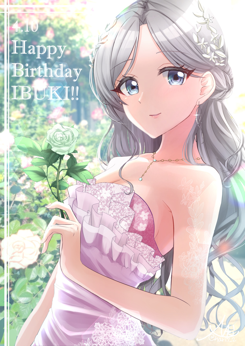1girl absurdres bangs bare_shoulders blue_eyes collarbone d4dj dated dress eyebrows_visible_through_hair flower from_side green_flower grey_hair hair_behind_ear happy_birthday highres holding holding_flower jewelry kurumi_nari leaning_back long_hair looking_at_viewer necklace niijima_ibuki parted_bangs purple_dress smile solo