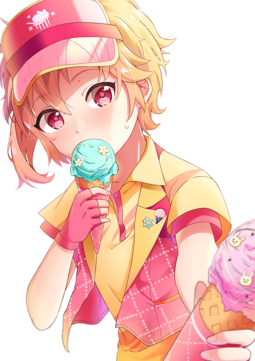 1boy blonde_hair ensemble_stars! food foreshortening hair_between_eyes highres holding holding_food holding_ice_cream ice_cream looking_at_viewer male_focus nito_nazuna red_eyes rinkarinne short_hair simple_background solo visor_cap