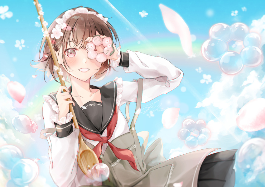 1girl absurdres apron arm_up bangs blush brown_eyes brown_hair bubble cherry_blossoms clouds collar collarbone covering_one_eye doughnut food frilled_collar frills hair_ornament headband highres holding holding_food holding_spoon iridescent long_sleeves looking_at_viewer maid_headdress medium_skirt necktie open_mouth original pastry pleated_skirt rainbow sailor_collar school_uniform short_hair skirt sky smile solo spoon sweets takuki_takuki teeth