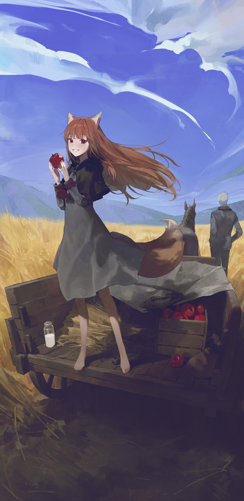 1boy 1girl absurdres animal_ears barefoot blue_sky brown_hair cart clouds craft_lawrence flat_chest food fruit highres holding holding_food holding_fruit holo horse long_hair modare mountainous_horizon outdoors red_eyes sack short_hair sky spice_and_wolf tail wheat white_hair wind wolf_ears wolf_girl wolf_tail