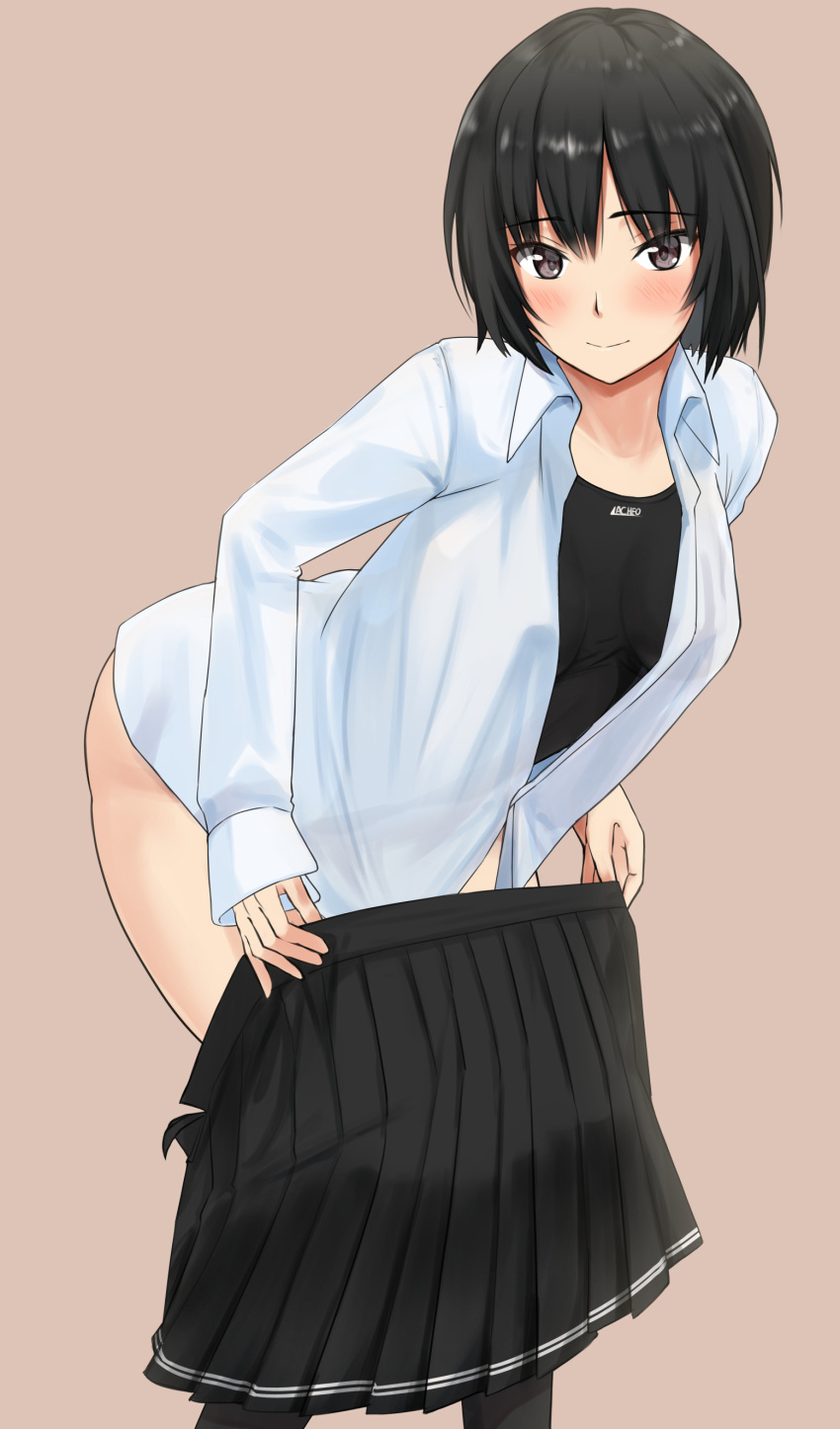 1girl absurdres amagami black_eyes black_hair black_skirt black_swimsuit blurry bob_cut brown_background collared_shirt competition_swimsuit depth_of_field dress_shirt feet_out_of_frame highres jacket kibito_high_school_uniform leaning_forward nanasaki_ai one-piece_swimsuit pleated_skirt school_uniform shirt short_hair simple_background skirt solo swimsuit swimsuit_under_clothes undressing white_shirt ykh1028