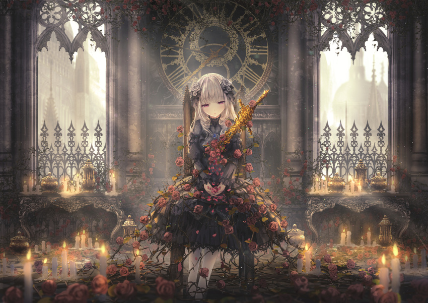 1girl bangs black_dress black_footwear blunt_bangs blurry blurry_foreground candle clock commentary_request day depth_of_field dress eyebrows_visible_through_hair fire flower gothic_lolita grey_hair grey_rose hair_flower hair_ornament half-closed_eyes highres indoors juliet_sleeves lolita_fashion long_hair long_sleeves looking_at_viewer missile228 on_chair original own_hands_together pantyhose parted_lips puffy_sleeves red_flower red_rose roman_numeral rose shoes sitting solo very_long_hair violet_eyes white_legwear window